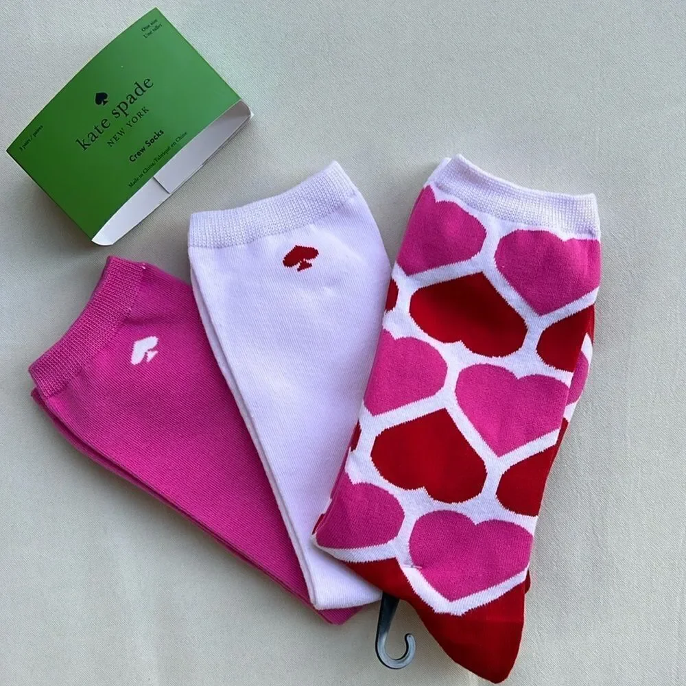 Kate Spade Pink Heart Print Crew Socks 3 Pack